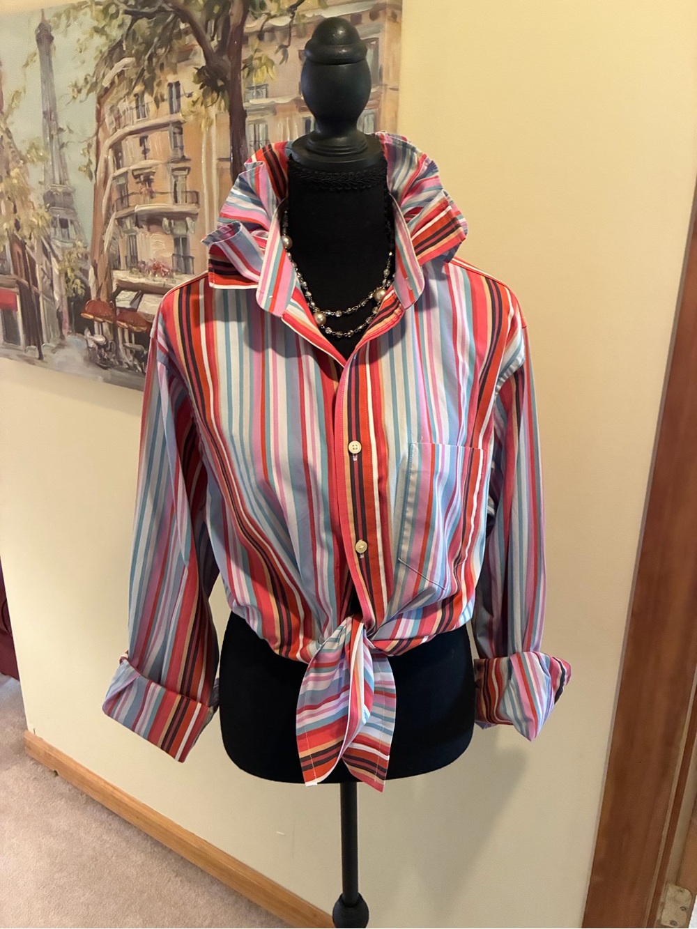 Express Multi-Stripe Tie-Front Button Down Shirt - Red & Blue Accent